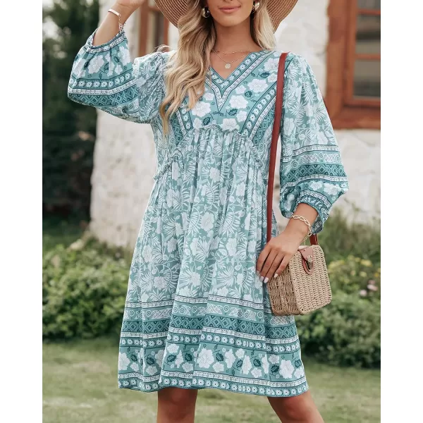 imageBTFBM Women Casual Spring Summer Dresses V Neck 34 Long Sleeve Ruffle Floral Flowy Boho Babydoll Mini Short Beach DressFloral Blue White