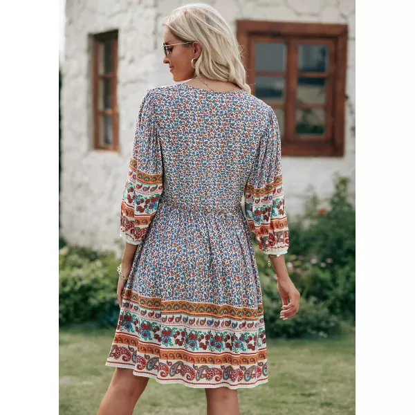 imageBTFBM Women Casual Spring Summer Dresses V Neck 34 Long Sleeve Ruffle Floral Flowy Boho Babydoll Mini Short Beach DressFloral Brown Apricot