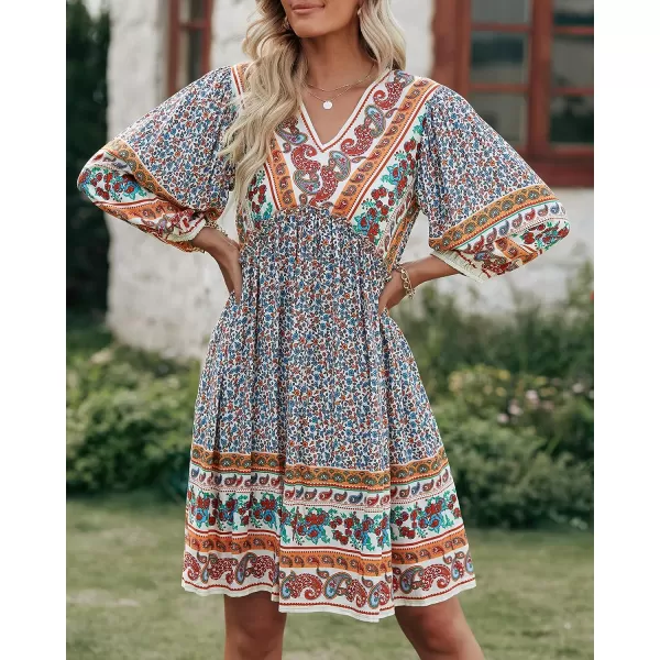 imageBTFBM Women Casual Spring Summer Dresses V Neck 34 Long Sleeve Ruffle Floral Flowy Boho Babydoll Mini Short Beach DressFloral Brown Apricot