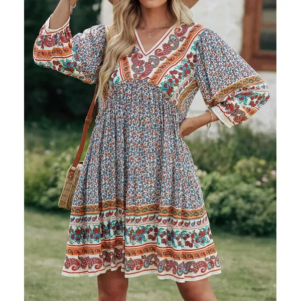 imageBTFBM Women Casual Spring Summer Dresses V Neck 34 Long Sleeve Ruffle Floral Flowy Boho Babydoll Mini Short Beach DressFloral Brown Apricot