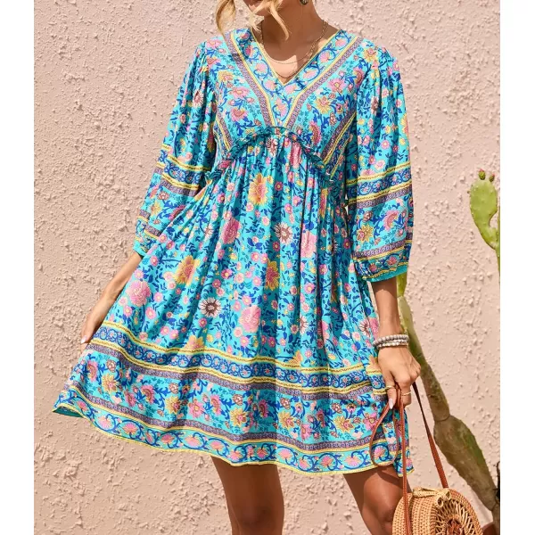 imageBTFBM Women Casual Spring Summer Dresses V Neck 34 Long Sleeve Ruffle Floral Flowy Boho Babydoll Mini Short Beach DressFloral Green