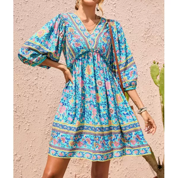 imageBTFBM Women Casual Spring Summer Dresses V Neck 34 Long Sleeve Ruffle Floral Flowy Boho Babydoll Mini Short Beach DressFloral Green