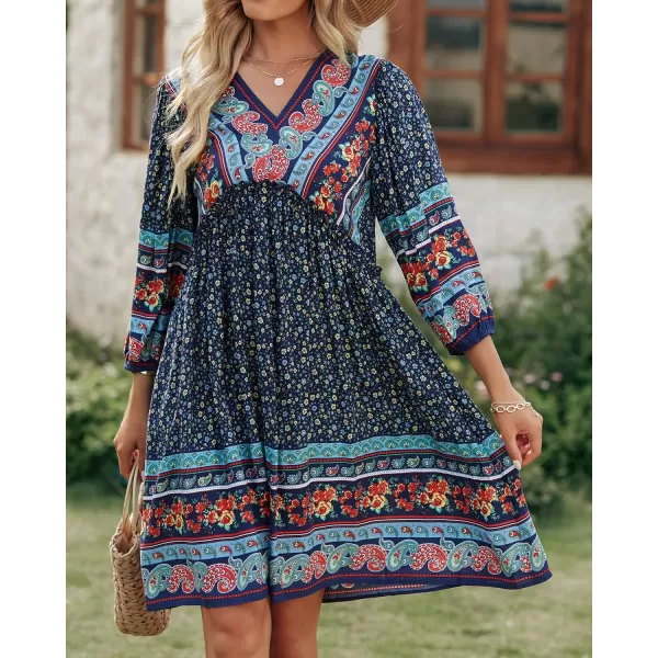 imageBTFBM Women Casual Spring Summer Dresses V Neck 34 Long Sleeve Ruffle Floral Flowy Boho Babydoll Mini Short Beach DressFloral Navy