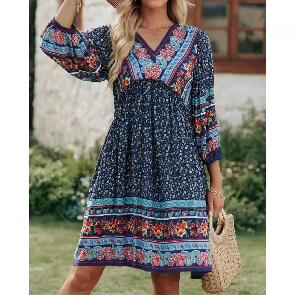 imageBTFBM Women Casual Spring Summer Dresses V Neck 34 Long Sleeve Ruffle Floral Flowy Boho Babydoll Mini Short Beach DressFloral Navy