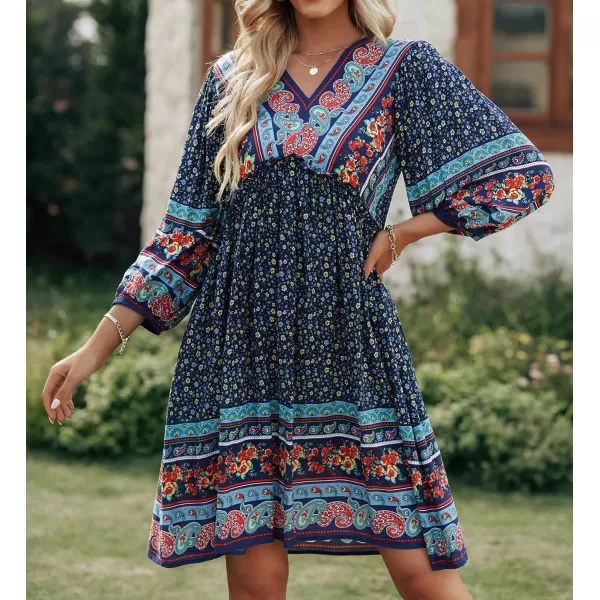 imageBTFBM Women Casual Spring Summer Dresses V Neck 34 Long Sleeve Ruffle Floral Flowy Boho Babydoll Mini Short Beach DressFloral Navy