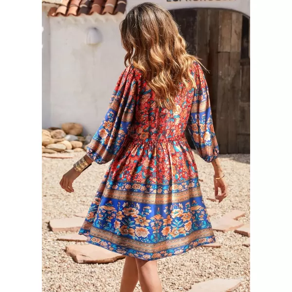 imageBTFBM Women Casual Spring Summer Dresses V Neck 34 Long Sleeve Ruffle Floral Flowy Boho Babydoll Mini Short Beach DressFloral Red