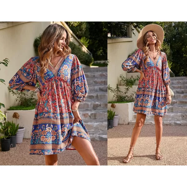 imageBTFBM Women Casual Spring Summer Dresses V Neck 34 Long Sleeve Ruffle Floral Flowy Boho Babydoll Mini Short Beach DressFloral Red