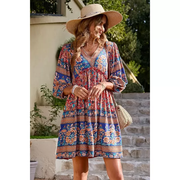 imageBTFBM Women Casual Spring Summer Dresses V Neck 34 Long Sleeve Ruffle Floral Flowy Boho Babydoll Mini Short Beach DressFloral Red