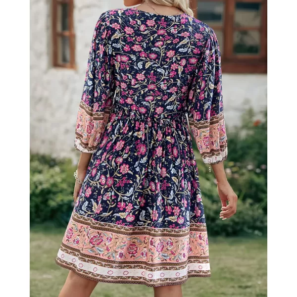 imageBTFBM Women Casual Spring Summer Dresses V Neck 34 Long Sleeve Ruffle Floral Flowy Boho Babydoll Mini Short Beach DressFloral Red Navy