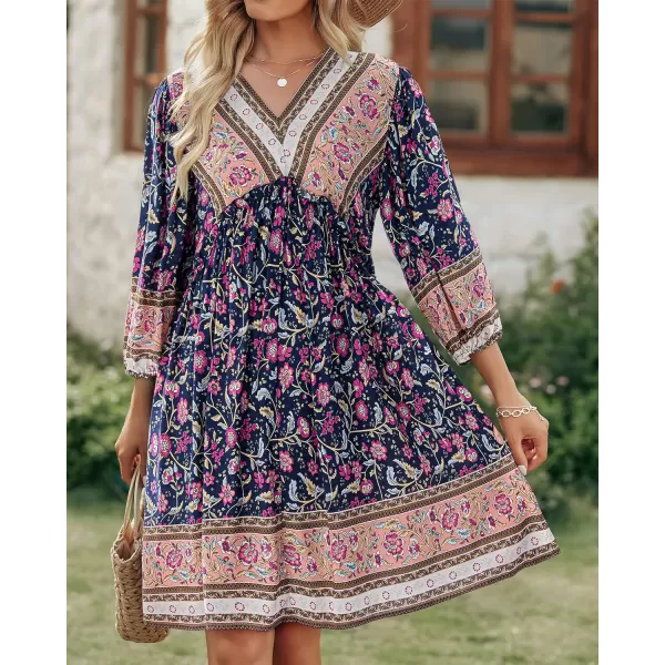 imageBTFBM Women Casual Spring Summer Dresses V Neck 34 Long Sleeve Ruffle Floral Flowy Boho Babydoll Mini Short Beach DressFloral Red Navy