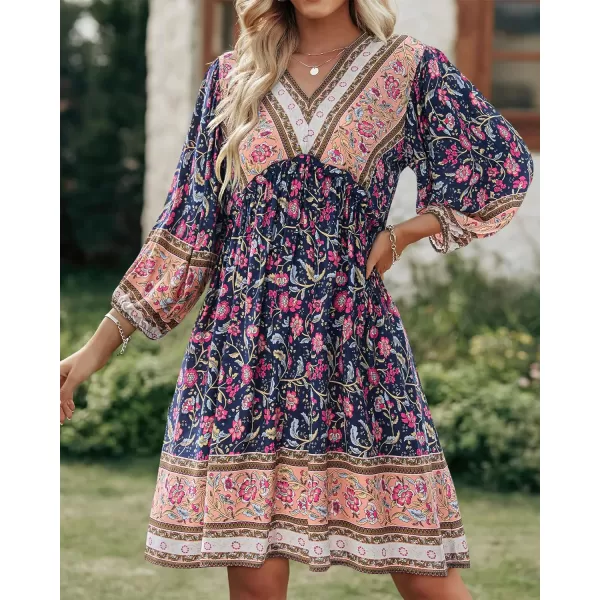 imageBTFBM Women Casual Spring Summer Dresses V Neck 34 Long Sleeve Ruffle Floral Flowy Boho Babydoll Mini Short Beach DressFloral Red Navy