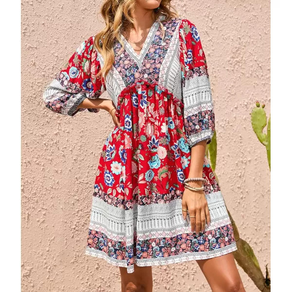 imageBTFBM Women Casual Spring Summer Dresses V Neck 34 Long Sleeve Ruffle Floral Flowy Boho Babydoll Mini Short Beach DressFloral Red White