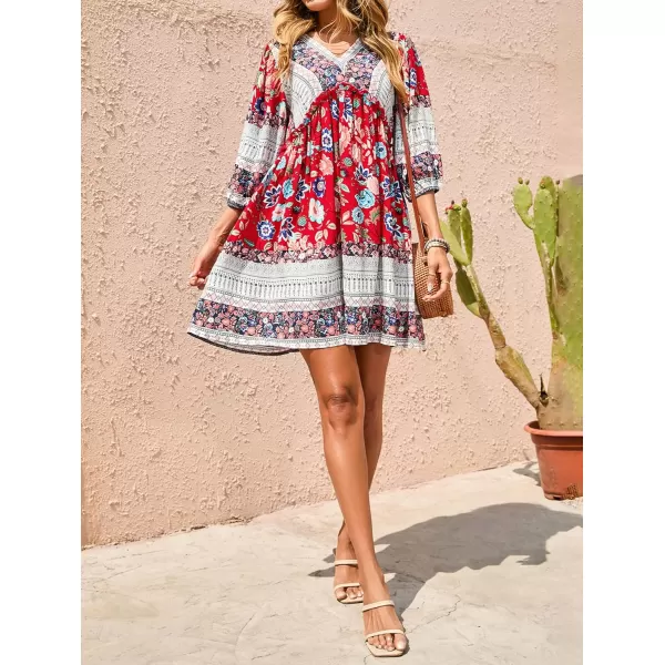 imageBTFBM Women Casual Spring Summer Dresses V Neck 34 Long Sleeve Ruffle Floral Flowy Boho Babydoll Mini Short Beach DressFloral Red White