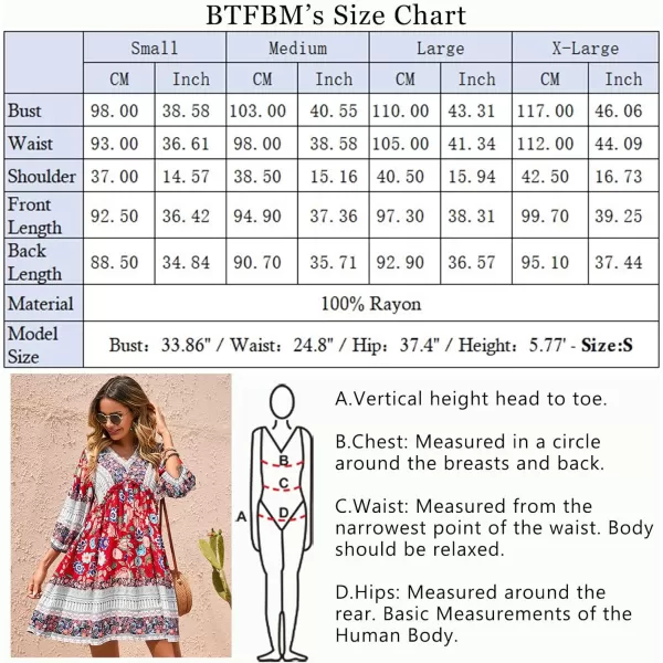 imageBTFBM Women Casual Spring Summer Dresses V Neck 34 Long Sleeve Ruffle Floral Flowy Boho Babydoll Mini Short Beach DressFloral Red White