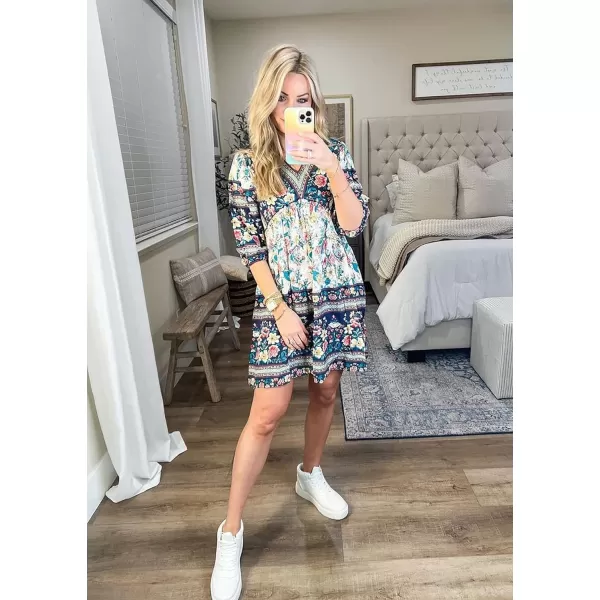 imageBTFBM Women Casual Spring Summer Dresses V Neck 34 Long Sleeve Ruffle Floral Flowy Boho Babydoll Mini Short Beach DressFloral White