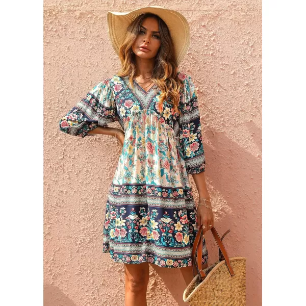 imageBTFBM Women Casual Spring Summer Dresses V Neck 34 Long Sleeve Ruffle Floral Flowy Boho Babydoll Mini Short Beach DressFloral White