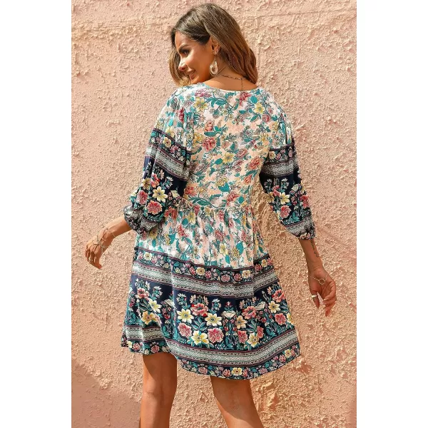 imageBTFBM Women Casual Spring Summer Dresses V Neck 34 Long Sleeve Ruffle Floral Flowy Boho Babydoll Mini Short Beach DressFloral White