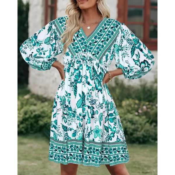 imageBTFBM Women Casual Spring Summer Dresses V Neck 34 Long Sleeve Ruffle Floral Flowy Boho Babydoll Mini Short Beach DressFloral White Blue