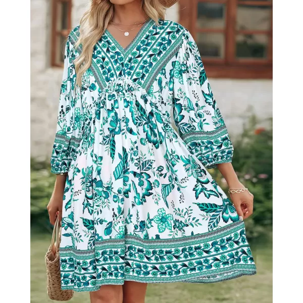 imageBTFBM Women Casual Spring Summer Dresses V Neck 34 Long Sleeve Ruffle Floral Flowy Boho Babydoll Mini Short Beach DressFloral White Blue