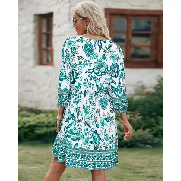 imageBTFBM Women Casual Spring Summer Dresses V Neck 34 Long Sleeve Ruffle Floral Flowy Boho Babydoll Mini Short Beach DressFloral White Blue