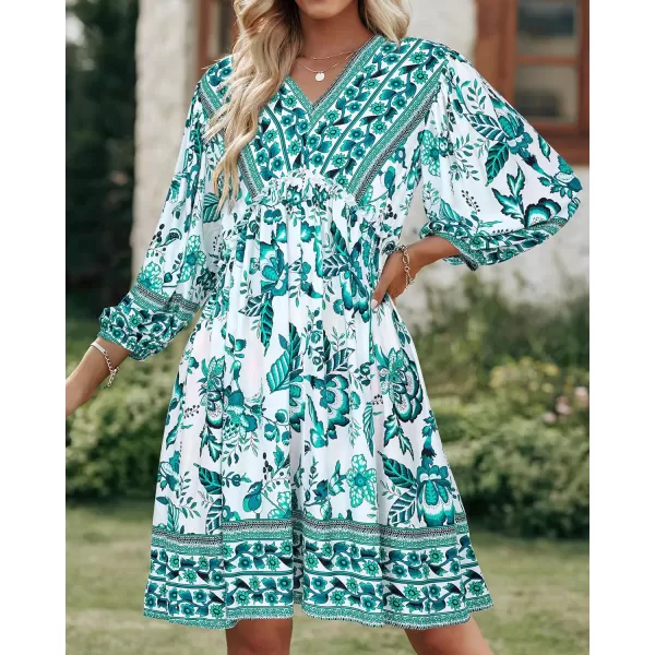 imageBTFBM Women Casual Spring Summer Dresses V Neck 34 Long Sleeve Ruffle Floral Flowy Boho Babydoll Mini Short Beach DressFloral White Blue