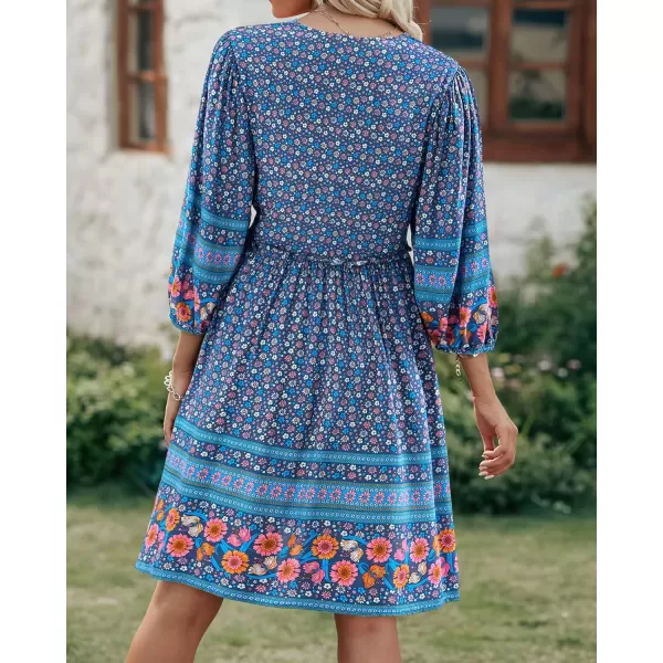 imageBTFBM Women Casual Spring Summer Dresses V Neck 34 Long Sleeve Ruffle Floral Flowy Boho Babydoll Mini Short Beach DressFloral White Blue Grey