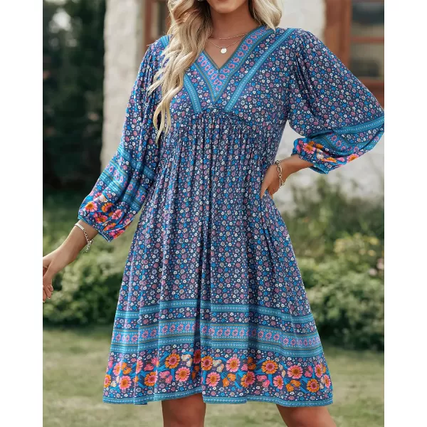 imageBTFBM Women Casual Spring Summer Dresses V Neck 34 Long Sleeve Ruffle Floral Flowy Boho Babydoll Mini Short Beach DressFloral White Blue Grey