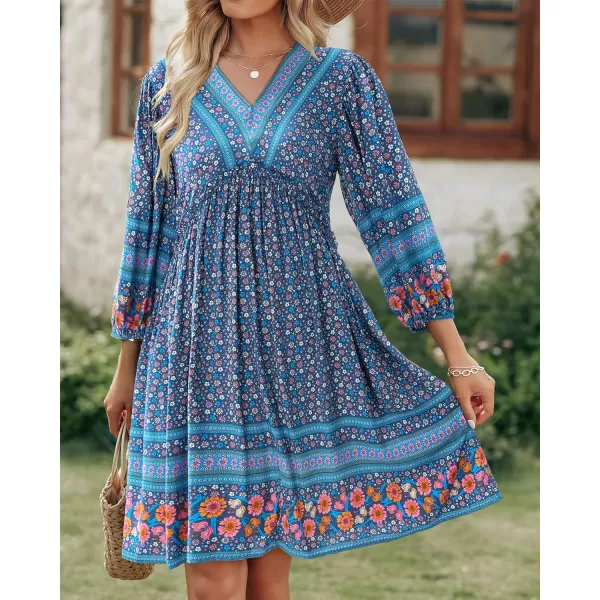 imageBTFBM Women Casual Spring Summer Dresses V Neck 34 Long Sleeve Ruffle Floral Flowy Boho Babydoll Mini Short Beach DressFloral White Blue Grey