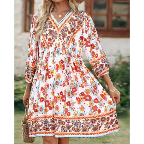 imageBTFBM Women Casual Spring Summer Dresses V Neck 34 Long Sleeve Ruffle Floral Flowy Boho Babydoll Mini Short Beach DressFloral White Red