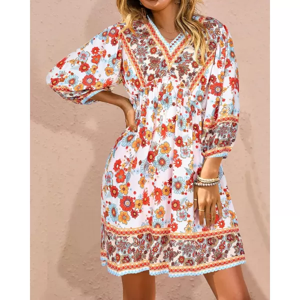 imageBTFBM Women Casual Spring Summer Dresses V Neck 34 Long Sleeve Ruffle Floral Flowy Boho Babydoll Mini Short Beach DressFloral White Red