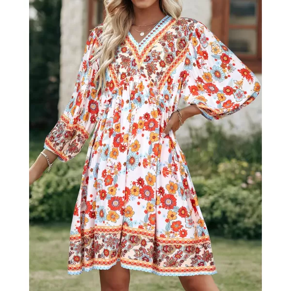 imageBTFBM Women Casual Spring Summer Dresses V Neck 34 Long Sleeve Ruffle Floral Flowy Boho Babydoll Mini Short Beach DressFloral White Red