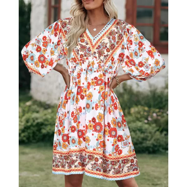imageBTFBM Women Casual Spring Summer Dresses V Neck 34 Long Sleeve Ruffle Floral Flowy Boho Babydoll Mini Short Beach DressFloral White Red