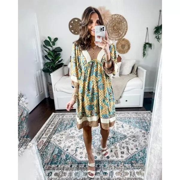 imageBTFBM Women Casual Spring Summer Dresses V Neck 34 Long Sleeve Ruffle Floral Flowy Boho Babydoll Mini Short Beach DressFloral Yellow Apricot