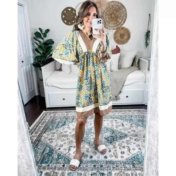 imageBTFBM Women Casual Spring Summer Dresses V Neck 34 Long Sleeve Ruffle Floral Flowy Boho Babydoll Mini Short Beach DressFloral Yellow Apricot