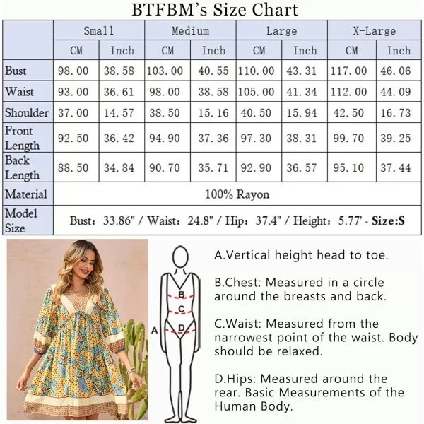 imageBTFBM Women Casual Spring Summer Dresses V Neck 34 Long Sleeve Ruffle Floral Flowy Boho Babydoll Mini Short Beach DressFloral Yellow Apricot