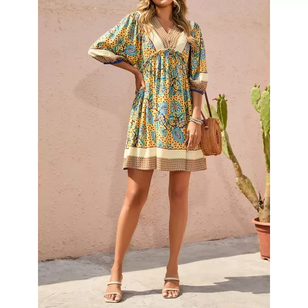 imageBTFBM Women Casual Spring Summer Dresses V Neck 34 Long Sleeve Ruffle Floral Flowy Boho Babydoll Mini Short Beach DressFloral Yellow Apricot