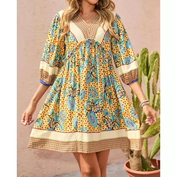 imageBTFBM Women Casual Spring Summer Dresses V Neck 34 Long Sleeve Ruffle Floral Flowy Boho Babydoll Mini Short Beach DressFloral Yellow Apricot