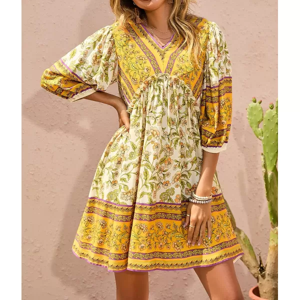 imageBTFBM Women Casual Spring Summer Dresses V Neck 34 Long Sleeve Ruffle Floral Flowy Boho Babydoll Mini Short Beach DressFloral Yellow White