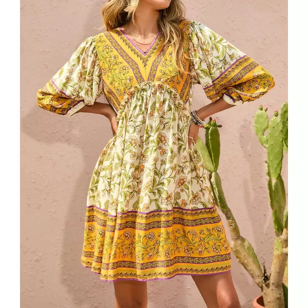 imageBTFBM Women Casual Spring Summer Dresses V Neck 34 Long Sleeve Ruffle Floral Flowy Boho Babydoll Mini Short Beach DressFloral Yellow White