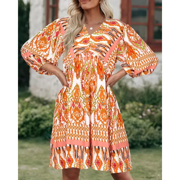imageBTFBM Women Casual Spring Summer Dresses V Neck 34 Long Sleeve Ruffle Floral Flowy Boho Babydoll Mini Short Beach DressPrint Orange