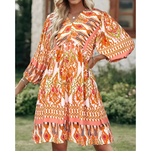 imageBTFBM Women Casual Spring Summer Dresses V Neck 34 Long Sleeve Ruffle Floral Flowy Boho Babydoll Mini Short Beach DressPrint Orange