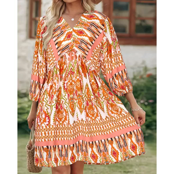 imageBTFBM Women Casual Spring Summer Dresses V Neck 34 Long Sleeve Ruffle Floral Flowy Boho Babydoll Mini Short Beach DressPrint Orange