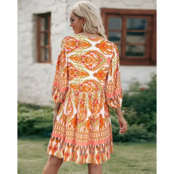 imageBTFBM Women Casual Spring Summer Dresses V Neck 34 Long Sleeve Ruffle Floral Flowy Boho Babydoll Mini Short Beach DressPrint Orange