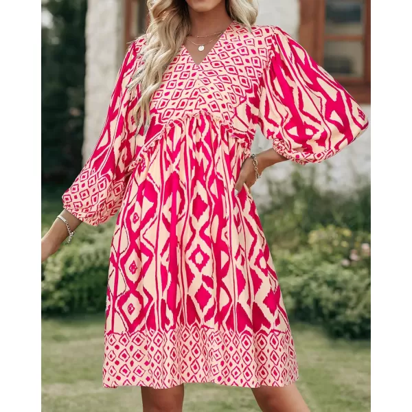 imageBTFBM Women Casual Spring Summer Dresses V Neck 34 Long Sleeve Ruffle Floral Flowy Boho Babydoll Mini Short Beach DressPrint Rose Red