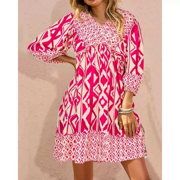imageBTFBM Women Casual Spring Summer Dresses V Neck 34 Long Sleeve Ruffle Floral Flowy Boho Babydoll Mini Short Beach DressPrint Rose Red