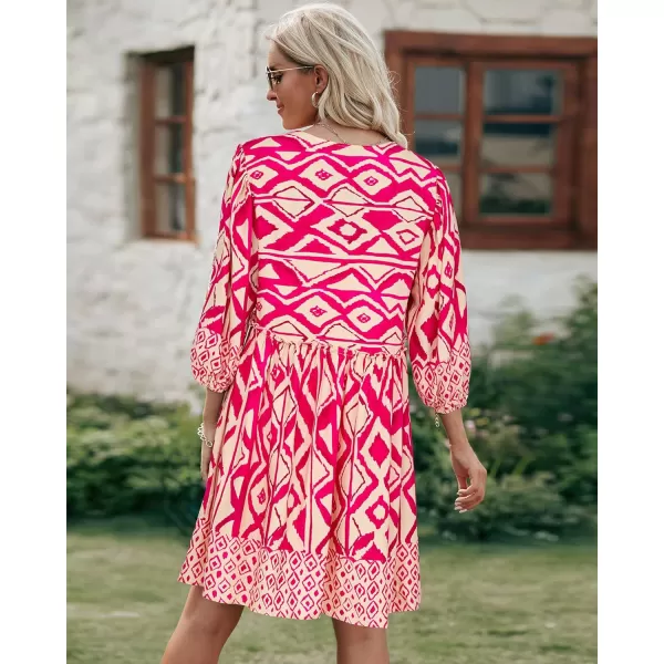 imageBTFBM Women Casual Spring Summer Dresses V Neck 34 Long Sleeve Ruffle Floral Flowy Boho Babydoll Mini Short Beach DressPrint Rose Red
