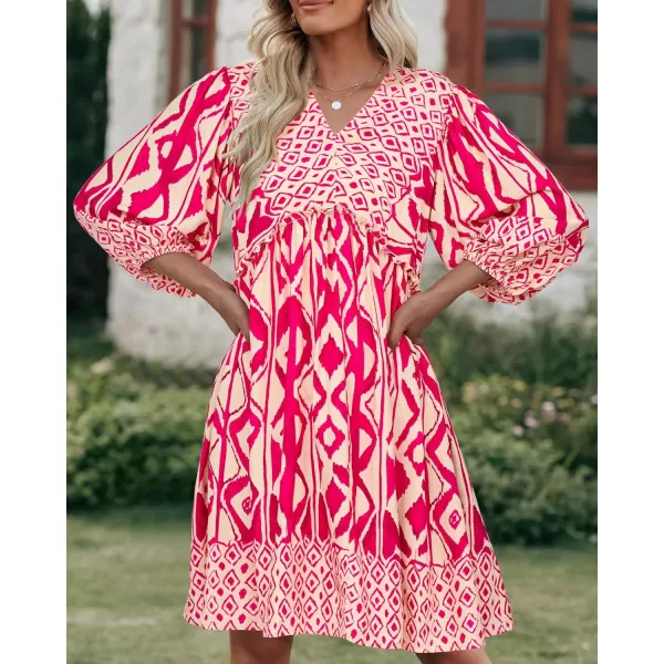 imageBTFBM Women Casual Spring Summer Dresses V Neck 34 Long Sleeve Ruffle Floral Flowy Boho Babydoll Mini Short Beach DressPrint Rose Red