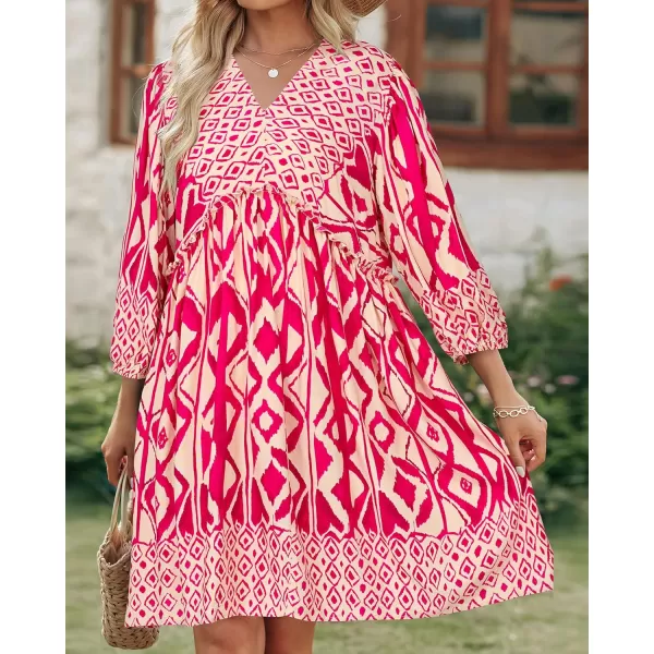 imageBTFBM Women Casual Spring Summer Dresses V Neck 34 Long Sleeve Ruffle Floral Flowy Boho Babydoll Mini Short Beach DressPrint Rose Red