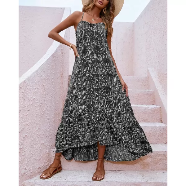 imageBTFBM Women Casual Summer Dresses 2023 Spaghetti Strap Sleeveless Sundress Print Ruffle Flowy Boho Beach Long Maxi DressPrint Black