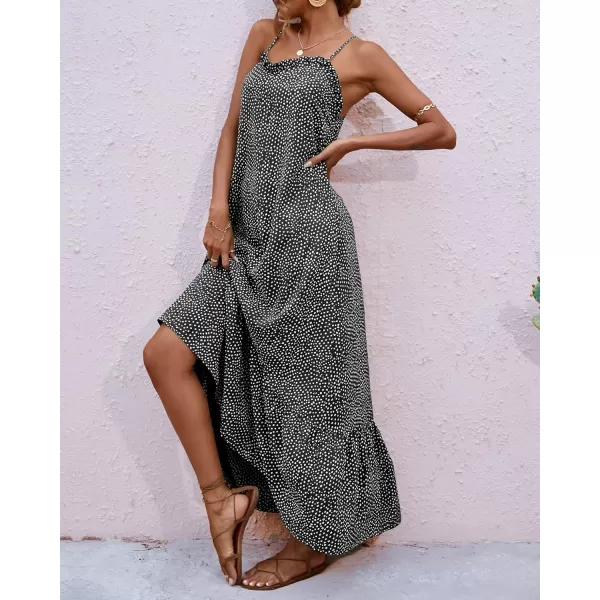 imageBTFBM Women Casual Summer Dresses 2023 Spaghetti Strap Sleeveless Sundress Print Ruffle Flowy Boho Beach Long Maxi DressPrint Black